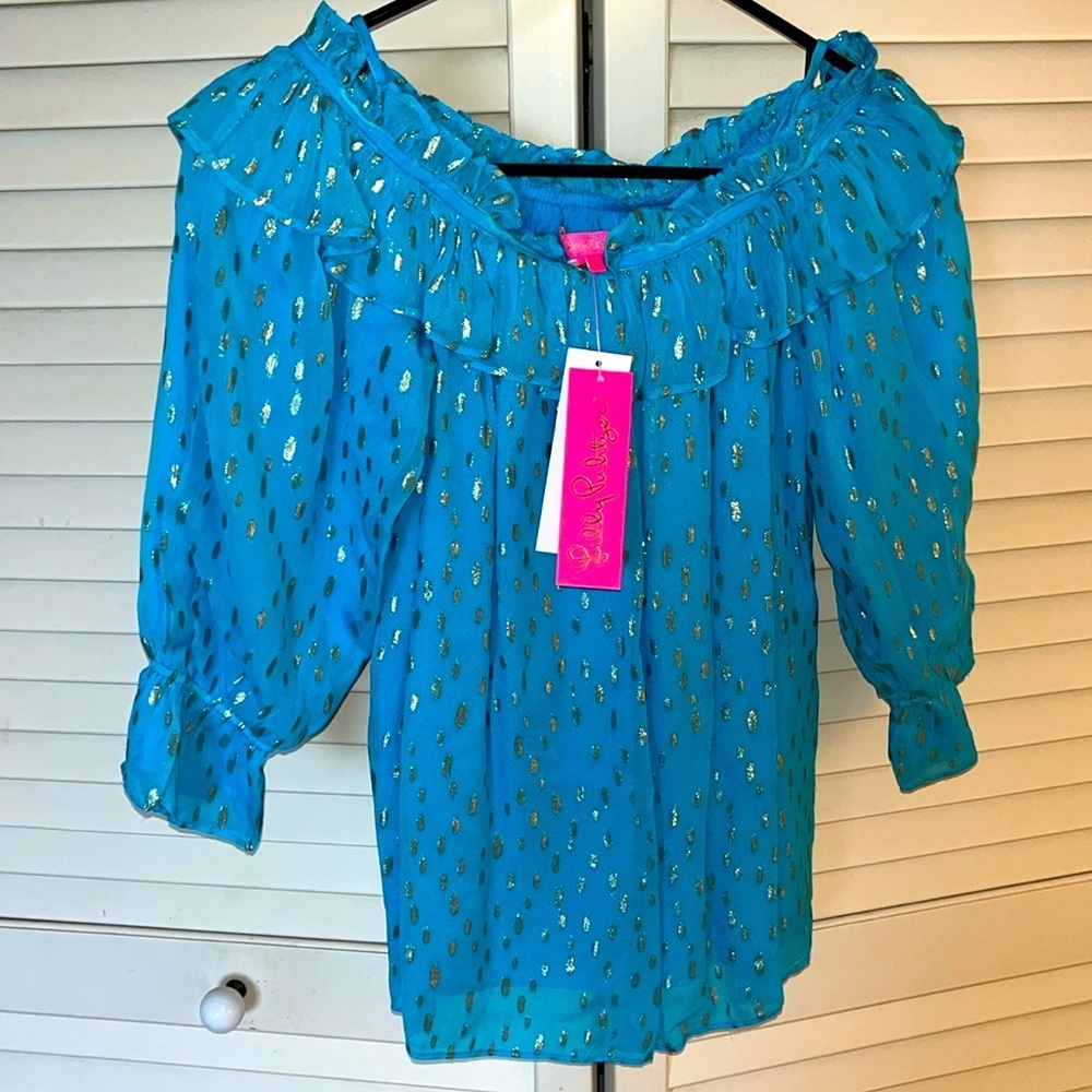 Lily Pulitzer CeeCee turquoise oasis top off shoulder option S NWT - Picture 1 of 12